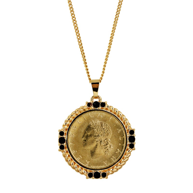 American Coin Treasures Italian 20 Lira Coin Pendant Necklace - Lire Goldtone Pendant with Faceted Round Jet Glass Stones| Italy Medallion Pendant - Image 1